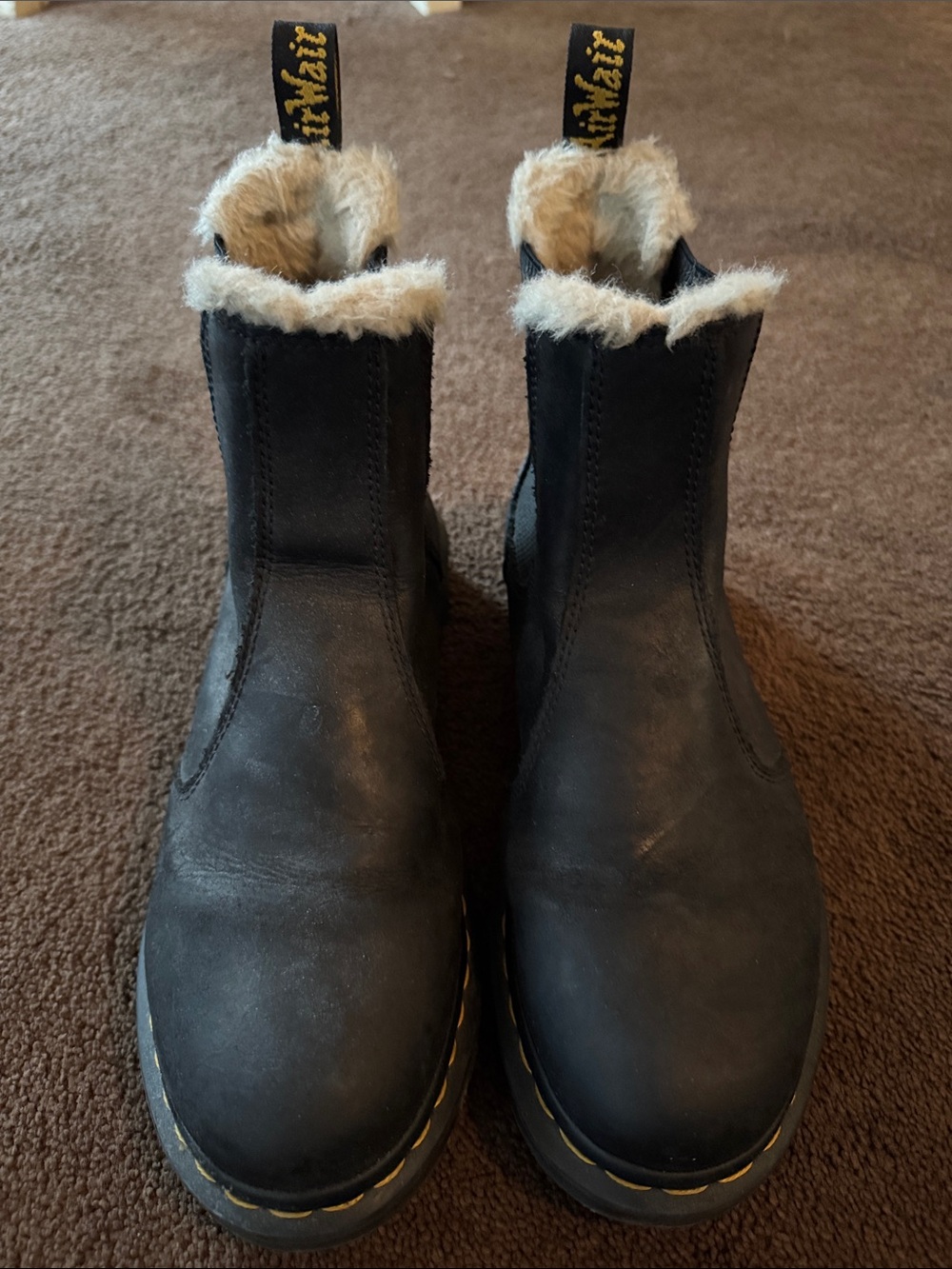 Dr. Martens Black Leather Chelsea Boots with Cream Shearling Trim